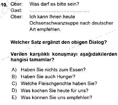 Turizm İçin Almanca 1 2015-2016 Ara Sınav - 10. soru
