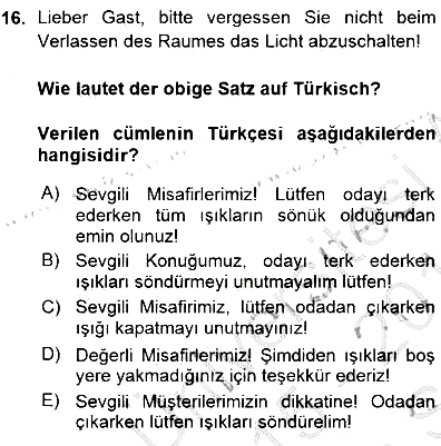 Turizm İçin Almanca 1 2015-2016 Ara Sınav - 16. soru