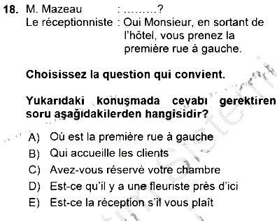 Turizm İçin Fransızca 2015-2016 Ara Sınav - 18. soru