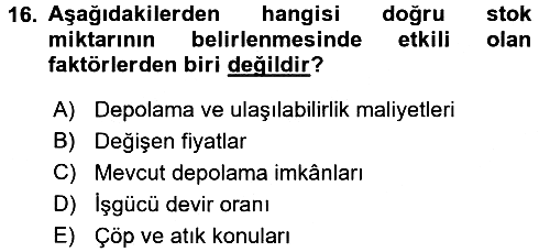 Yiyecek İçecek Yönetimi 2016-2017 Ara Sınav - 16. soru
