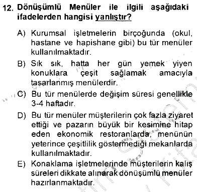 Yiyecek İçecek Yönetimi 2013-2014 Dönem Sonu Sınavı - 12. soru