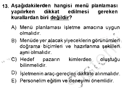 Yiyecek İçecek Yönetimi 2014-2015 Dönem Sonu Sınavı - 13. soru