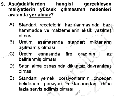 Yiyecek İçecek Yönetimi 2015-2016 Dönem Sonu Sınavı - 9. soru