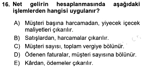 Yiyecek İçecek Yönetimi 2023-2024 Dönem Sonu Sınavı - 16. soru
