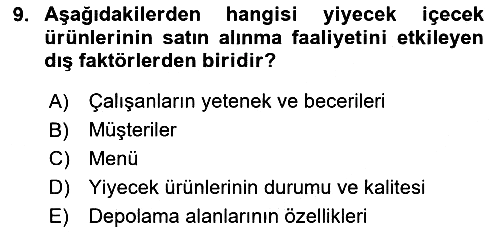 Yiyecek İçecek Yönetimi 2020-2021 Yaz Okulu Sınavı - 9. soru