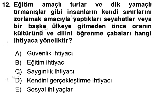 Turist Davranışı 2023-2024 Ara Sınav - 12. soru