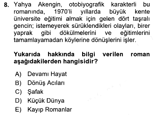 Çağdaş Türk Romanı 2017-2018 3 Ders Sınavı - 8. soru