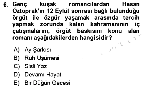 Çağdaş Türk Romanı 2016-2017 Dönem Sonu Sınavı - 6. soru