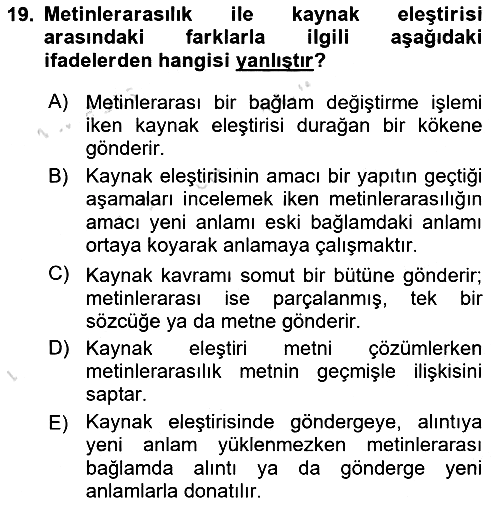 Eleştiri Kuramları 2015-2016 Dönem Sonu Sınavı - 19. soru