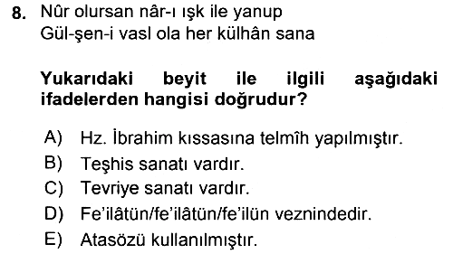 Eski Türk Edebiyatına Giriş: Söz Sanatları 2015-2016 Dönem Sonu Sınavı - 8. soru