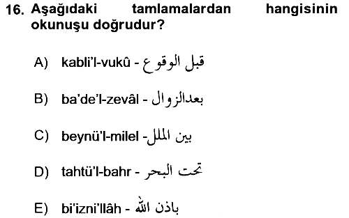 Osmanlı Türkçesi Grameri 1 2016-2017 Dönem Sonu Sınavı - 16. soru