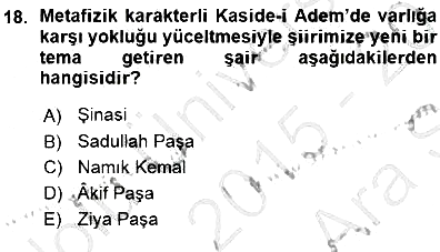 Tanzimat Dönemi Türk Edebiyatı 1 2015-2016 Ara Sınav - 18. soru