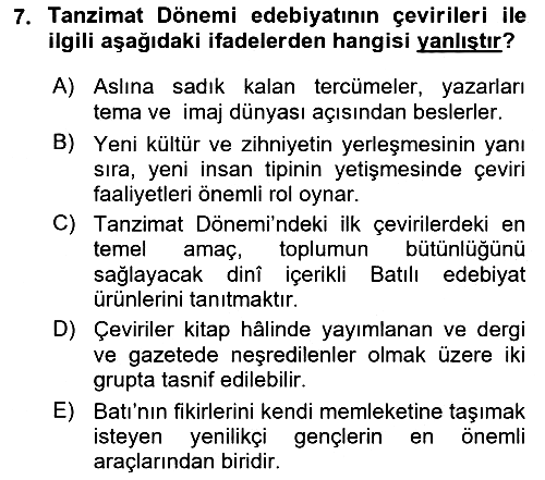 Tanzimat Dönemi Türk Edebiyatı 1 2024-2025 Yaz Okulu Sınavı - 7. soru
