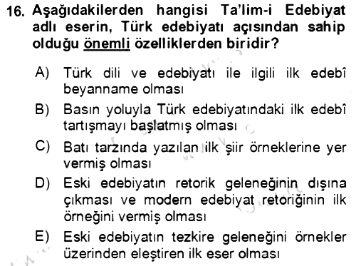 Tanzimat Dönemi Türk Edebiyatı 2 2021-2022 Ara Sınav - 16. soru