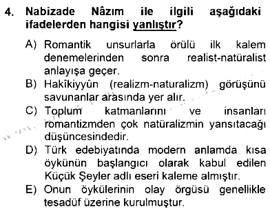 Tanzimat Dönemi Türk Edebiyatı 2 2014-2015 Dönem Sonu Sınavı - 4. soru