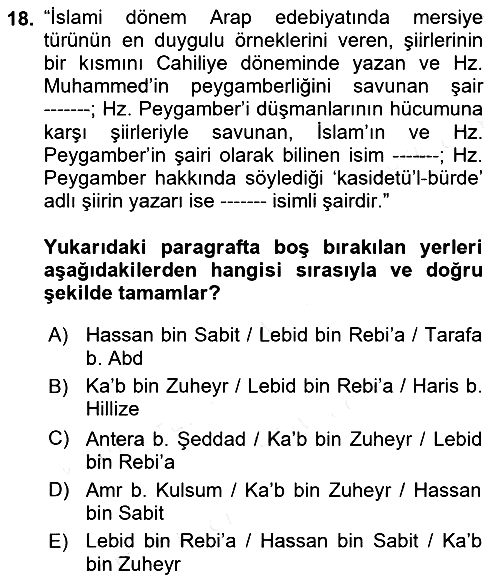 VIII-XIII. Yüzyıllar Türk Edebiyatı 2018-2019 Ara Sınav - 18. soru