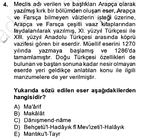 VIII-XIII. Yüzyıllar Türk Edebiyatı 2014-2015 Dönem Sonu Sınavı - 4. soru