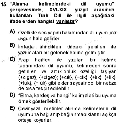 XVI-XIX. Yüzyıllar Türk Dili 2013-2014 Ara Sınav - 15. soru