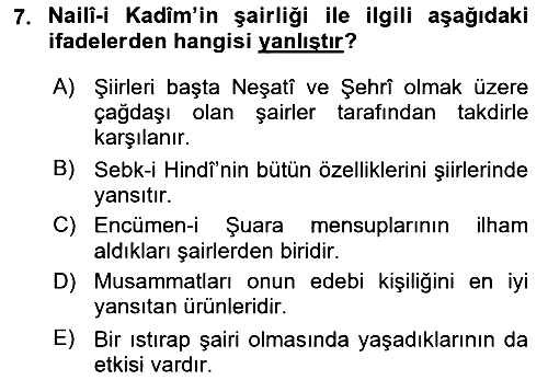 XVII. Yüzyıl Türk Edebiyatı 2018-2019 Dönem Sonu Sınavı - 7. soru