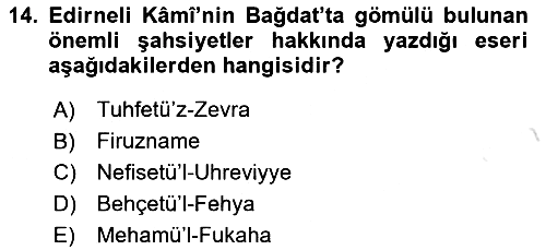 XVIII. Yüzyıl Türk Edebiyatı 2021-2022 Dönem Sonu Sınavı - 14. soru