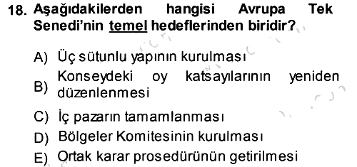 Avrupa Birliği 2013-2014 Tek Ders Sınavı - 18. soru