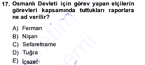 Diplomasi Tarihi 2014-2015 Ara Sınav - 17. soru