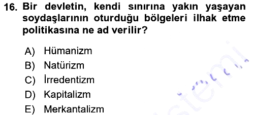 Siyasi Tarih 1 2015-2016 Dönem Sonu Sınavı - 16. soru