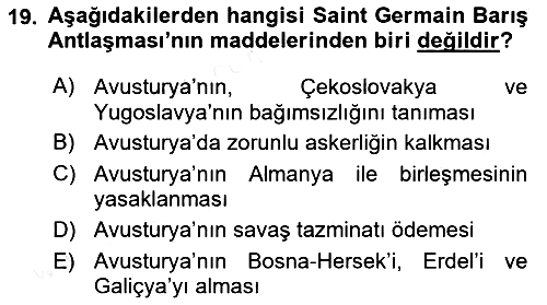 Siyasi Tarih 1 2018-2019 Dönem Sonu Sınavı - 19. soru