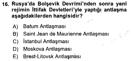 Siyasi Tarih 1 2019-2020 Dönem Sonu Sınavı - 16. soru