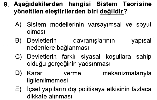 Uluslararası İlişkiler Kuramları 1 2016-2017 Dönem Sonu Sınavı - 9. soru