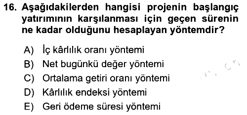 İşletme Finansmanı 2024-2025 Ara Sınav - 16. soru