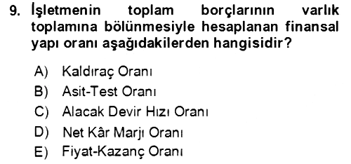 İşletme Finansmanı 2021-2022 Dönem Sonu Sınavı - 9. soru