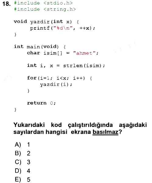 Bilgisayar Ve Programlamaya Giriş 2017-2018 Dönem Sonu Sınavı - 18. soru
