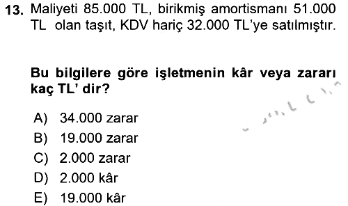 Genel Muhasebe 2016-2017 3 Ders Sınavı - 13. soru
