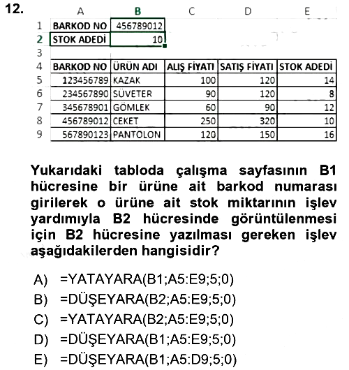 İşlem Tabloları 2017-2018 Dönem Sonu Sınavı - 12. soru