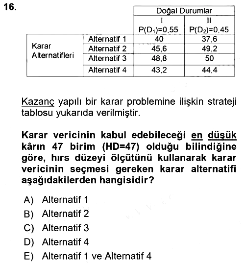 Karar Modelleri 2018-2019 Ara Sınav - 16. soru