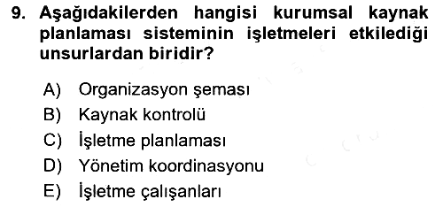 Kurumsal Kaynak Planlama Sistemleri 2017-2018 Dönem Sonu Sınavı - 9. soru
