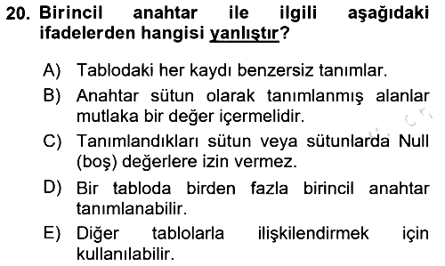 Veritabanı Sistemleri 2025-2026 Ara Sınav - 20. soru