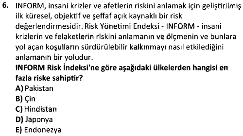 Afetlerde Risk ve Kriz Yönetimi 2023-2024 Bütünleme Sınavı - 6. soru